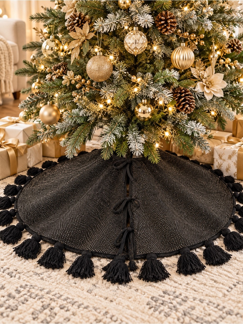 NWT THRO 54” Black & Gold Woven Christmas Tree Skirt with Tassel Fringe